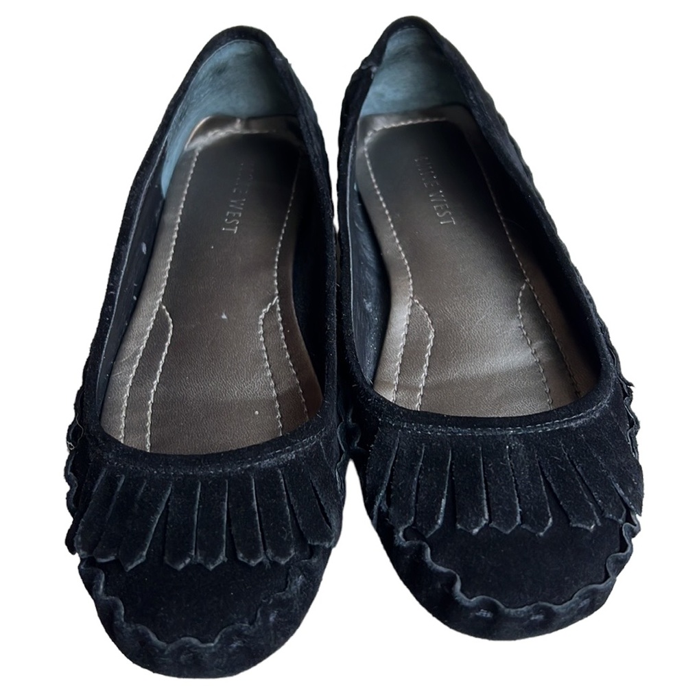 Nine West Black Suede Lustre Moccasin Flats w/ Fringe & Detailed Stitching Sz 6